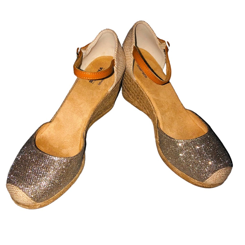 Sonoma Women's Gooseberry Gold Glitter Espadrilles Sandals Gold Tan Wedge Size 9
